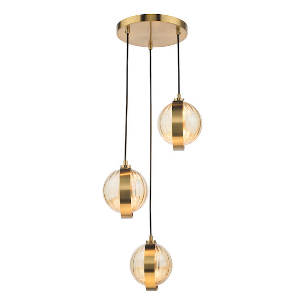 Dar Lighting Ophira 3 Light Antique Gold & Amber Ribbed Glass Cluster Pendant