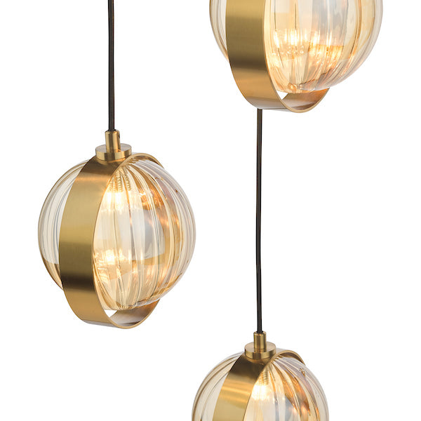 Dar Lighting Ophira 3 Light Antique Gold & Amber Ribbed Glass Cluster Pendant
