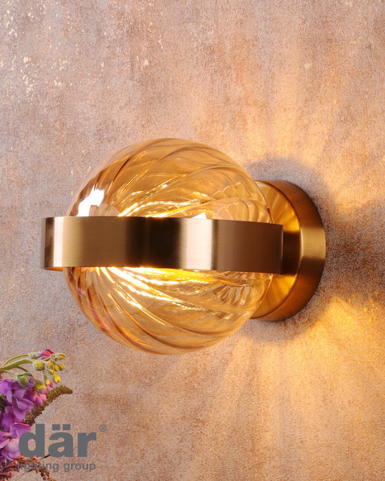 Dar Lighting Ophira Wall Light Antique Gold and Amber Ribbed Glass