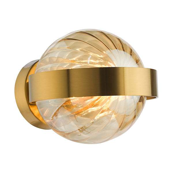 Dar Lighting Ophira Wall Light Antique Gold and Amber Ribbed Glass
