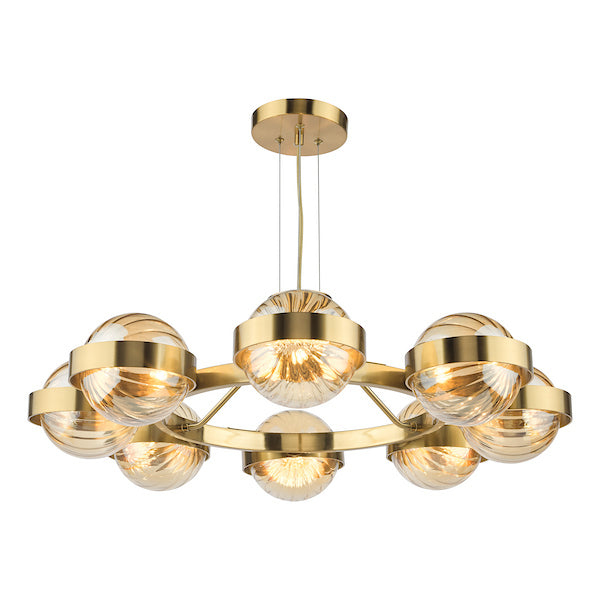 Dar Lighting Ophira 8 Light Antique Gold & Amber Ribbed Glass Pendant