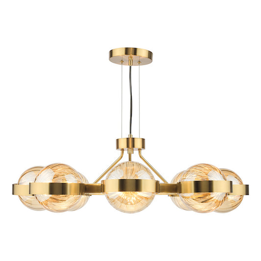 Dar Lighting Ophira 8 Light Antique Gold & Amber Ribbed Glass Pendant