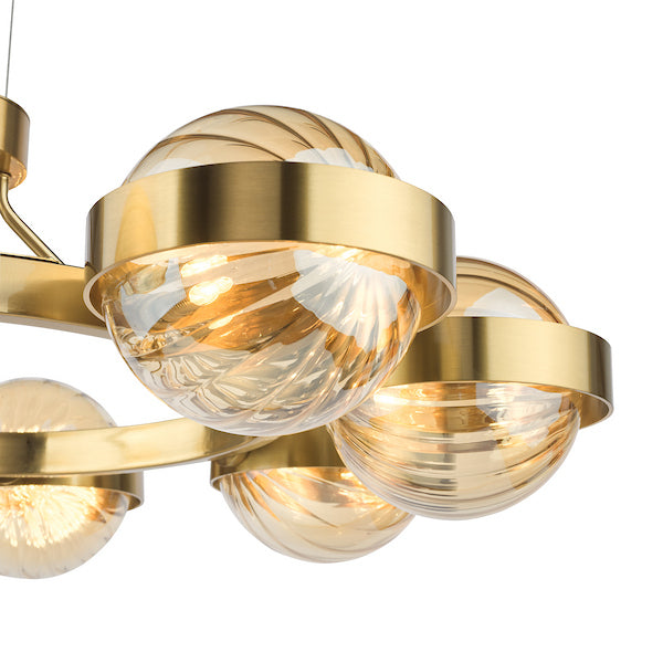 Dar Lighting Ophira 8 Light Antique Gold & Amber Ribbed Glass Pendant