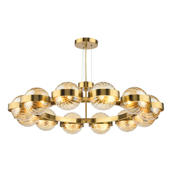 Dar Lighting Ophira 12 Light Antique Gold & Amber Ribbed Glass Pendant