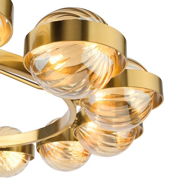 Dar Lighting Ophira 12 Light Antique Gold & Amber Ribbed Glass Pendant