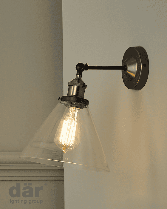 Dar Lighting Ray Single Antique Nickel & Clear Glass Wall Light