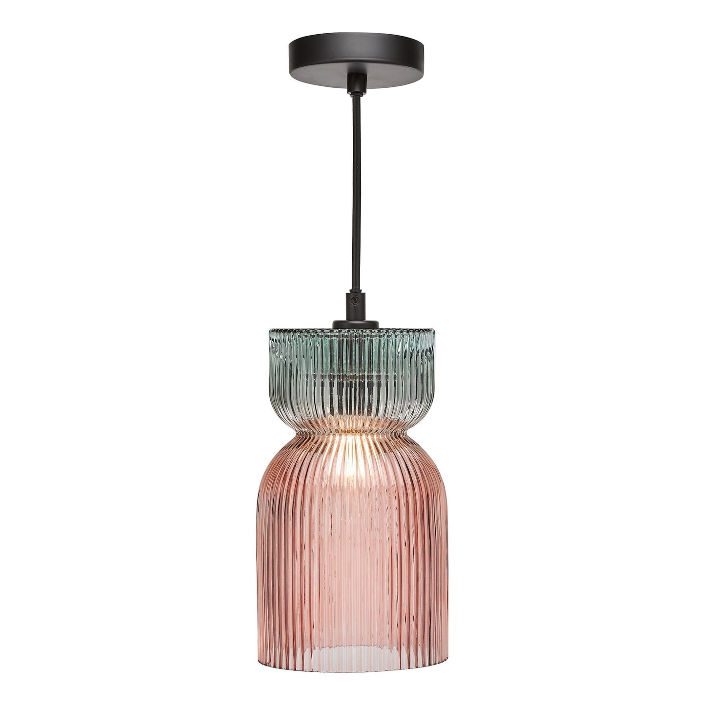 Dar Lighting Rhubarb Pink & Green Ribbed Glass Pendant
