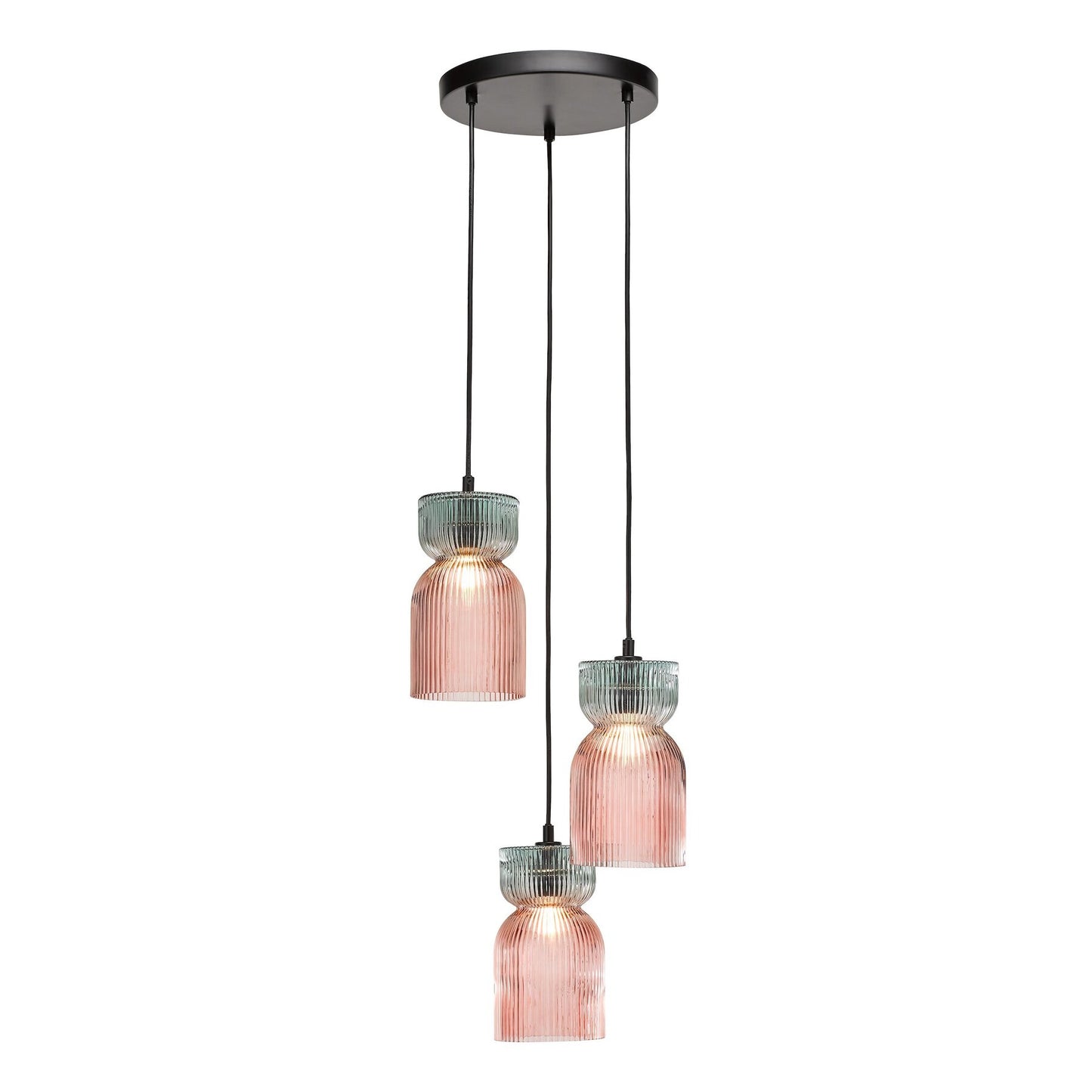 Dar Lighting Rhubarb 3 Light Pink & Green Ribbed Glass Cluster Pendant