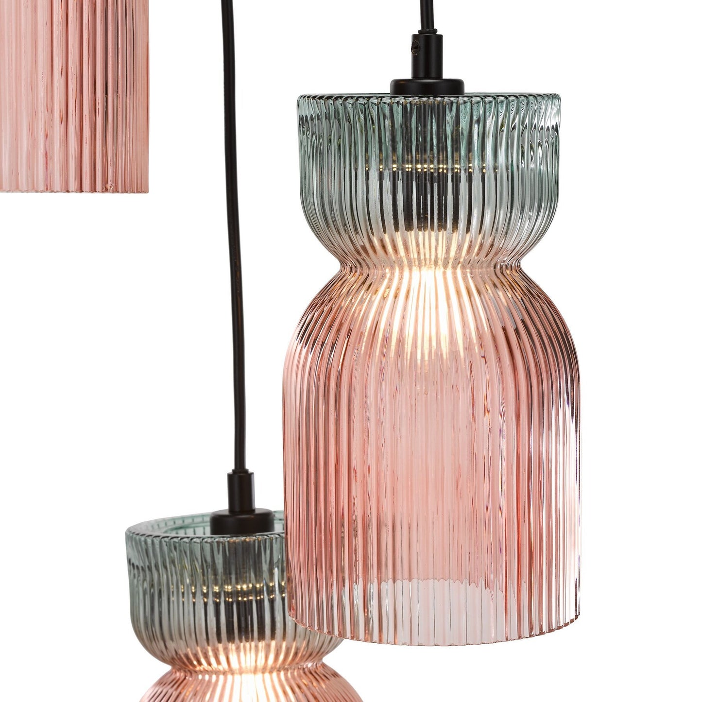 Dar Lighting Rhubarb 3 Light Pink & Green Ribbed Glass Cluster Pendant