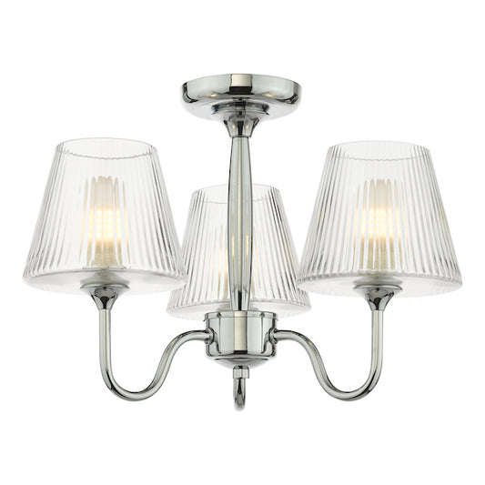 Dar Lighting Rimaz 3 Light Bathroom Polished Chrome & Ribbed Glass IP44 Semi Flush