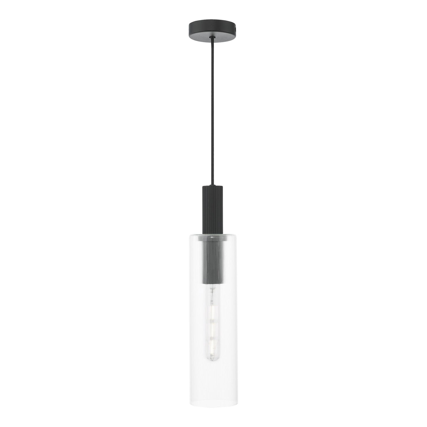 Dar Lighting Ruben Satin Black & Ribbed Glass Pendant
