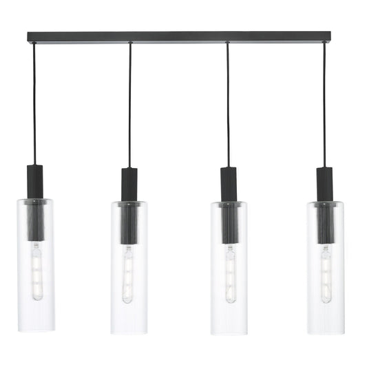 Dar Lighting Ruben 4 Light Satin Black & Ribbed Glass Bar Pendant