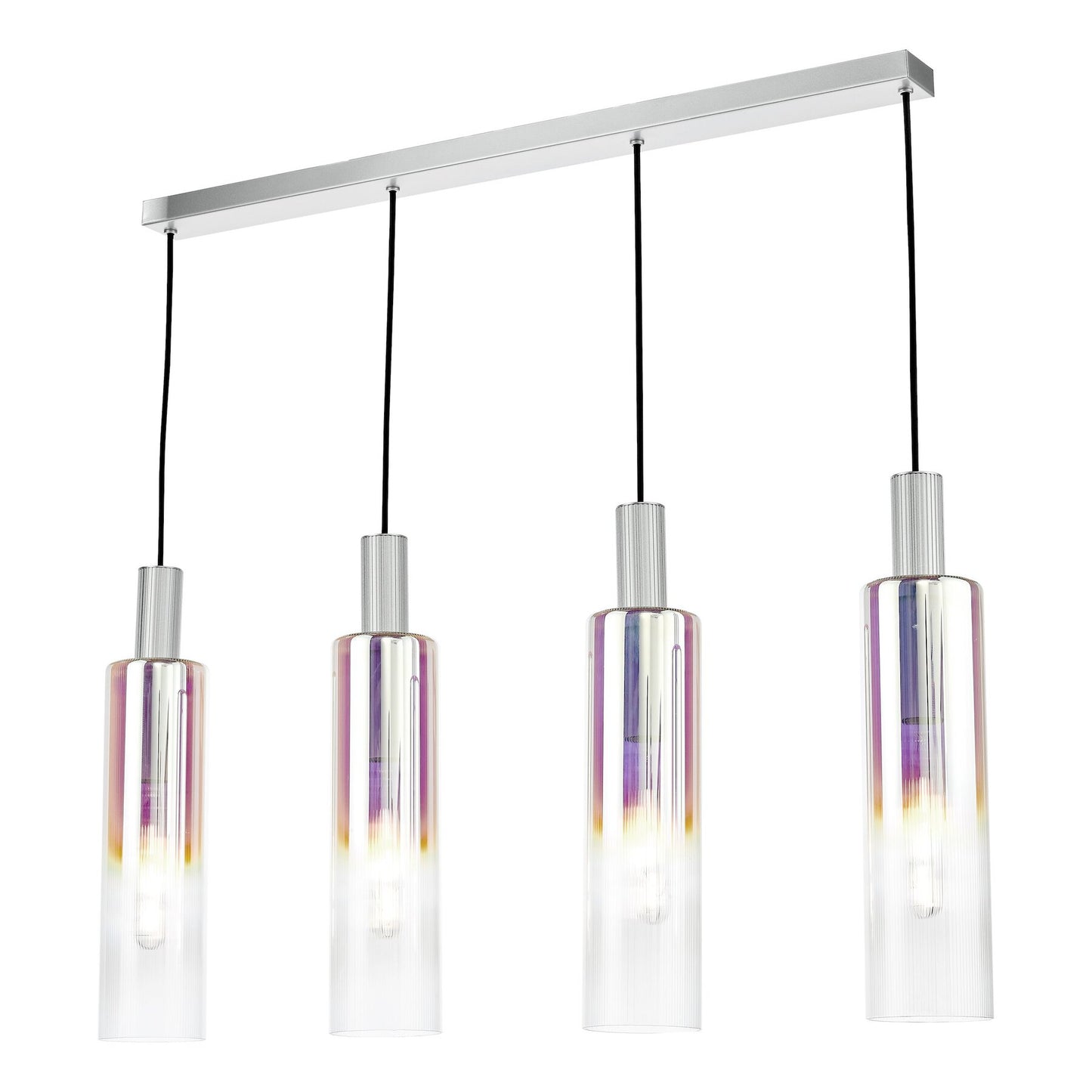 Dar Lighting Ruben 4 Light Satin Silver & Ribbed Iridised Glass Bar Pendant