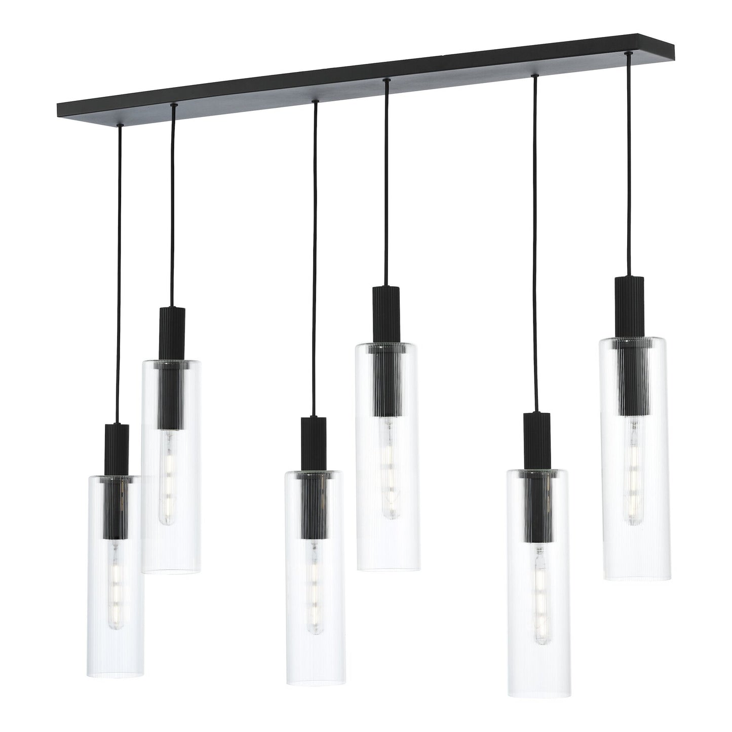 Dar Lighting Ruben 6 Light Satin Black & Ribbed Glass Bar Pendant