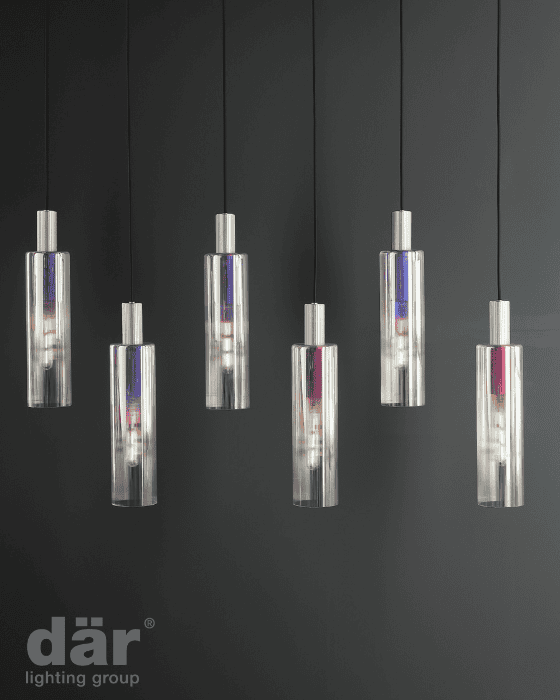 Dar Lighting Ruben 6 Light Satin Silver & Ribbed Iridised Glass Bar Pendant