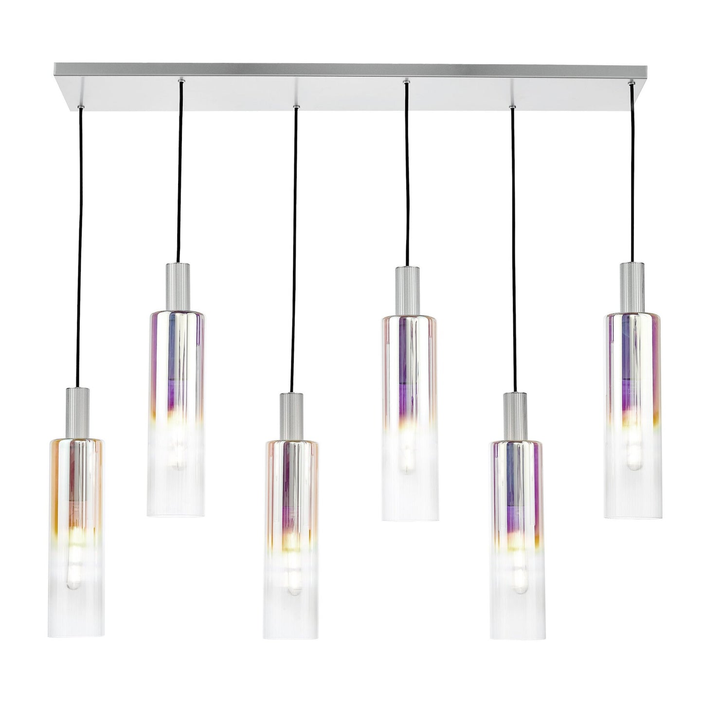 Dar Lighting Ruben 6 Light Satin Silver & Ribbed Iridised Glass Bar Pendant