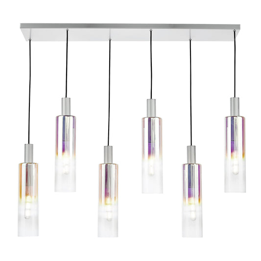 Dar Lighting Ruben 6 Light Satin Silver & Ribbed Iridised Glass Bar Pendant