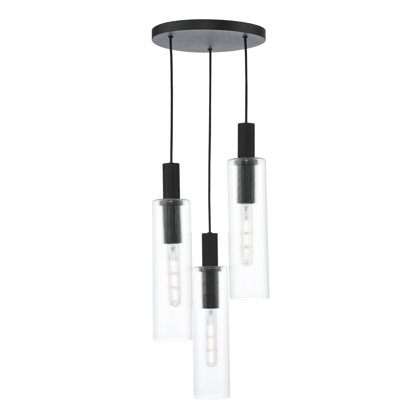 Dar Lighting Ruben 3 Light Satin Black & Ribbed Glass Cluster Pendant