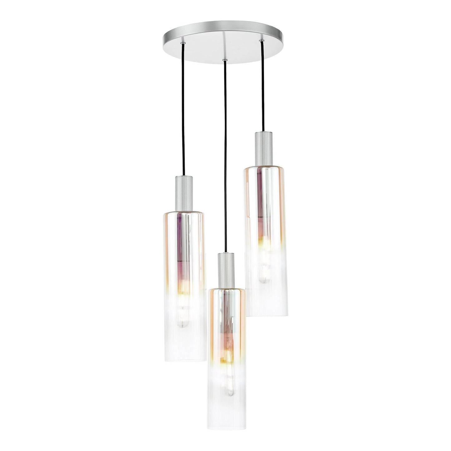 Dar Lighting Ruben 3 Light Satin Silver & Ribbed Iridised Glass Cluster Pendant