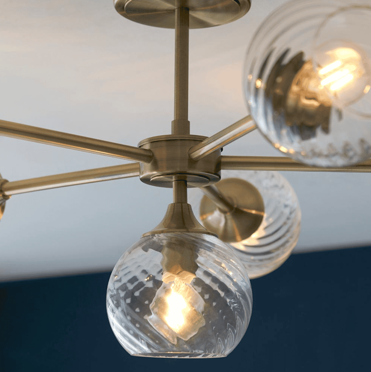Endon Allegra 6 Light Antique Brass & Spiral Pattern Glass Semi Flush