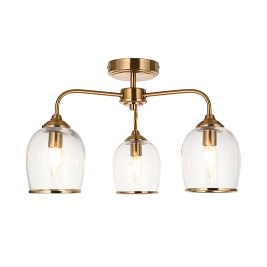 Endon Ashcroft 3 Light Brushed Aged Brass & Clear Glass Semi Flush