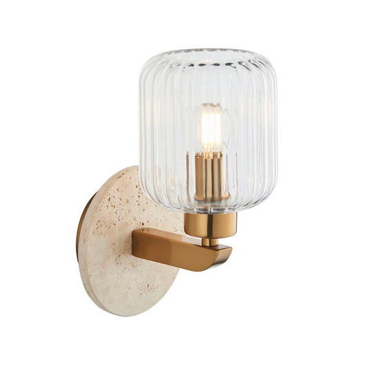 Endon Travi Vintage Brass & Travertine Stone Ribbed Glass Wall Light