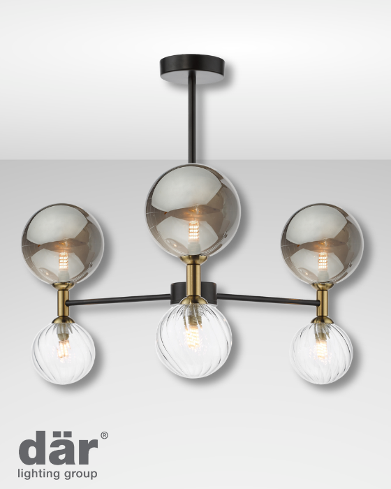 Dar Lighting Takara 6 Light Matt Black & Twisted Glass Semi Flush