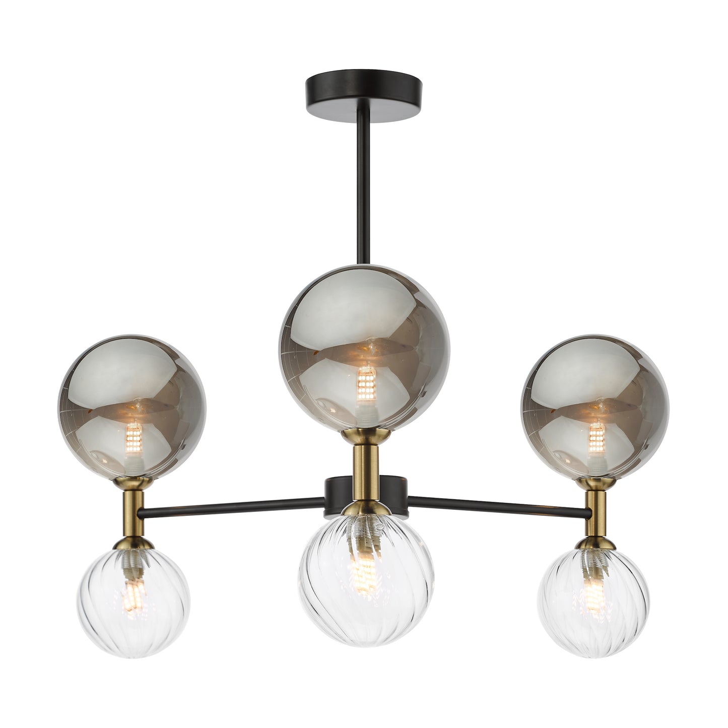 Dar Lighting Takara 6 Light Matt Black & Twisted Glass Semi Flush