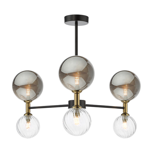 Dar Lighting Takara 6 Light Matt Black & Twisted Glass Semi Flush