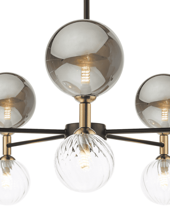Dar Lighting Takara 10 Light Black With Twisted & Smoked Glass Semi Flush