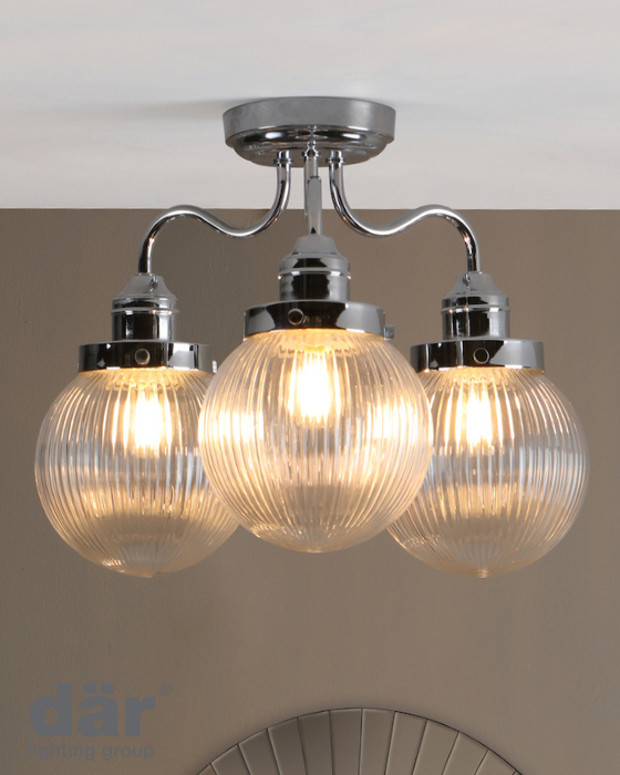 Dar Lighting Tamara Bathroom IP44 3 Light Polished Chrome & Ribbed Glass Semi Flush