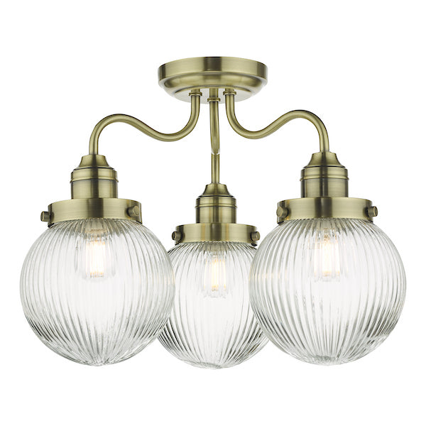 Dar Lighting Tamara Bathroom IP44 3 Light Antique Brass & Ribbed Glass Semi Flush