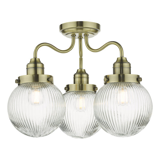 Dar Lighting Tamara Bathroom IP44 3 Light Antique Brass & Ribbed Glass Semi Flush