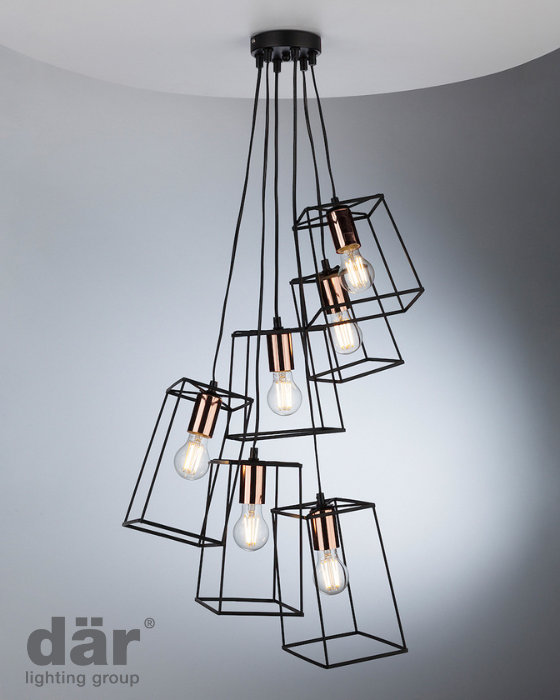 Dar Lighting Tower 6 Light Matt Black & Copper Cluster Pendant