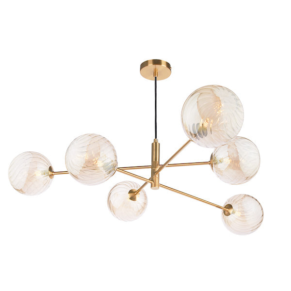 Dar Lighting Vignette 6 Light Aged Brass & Twisted Amber Glass Pendant