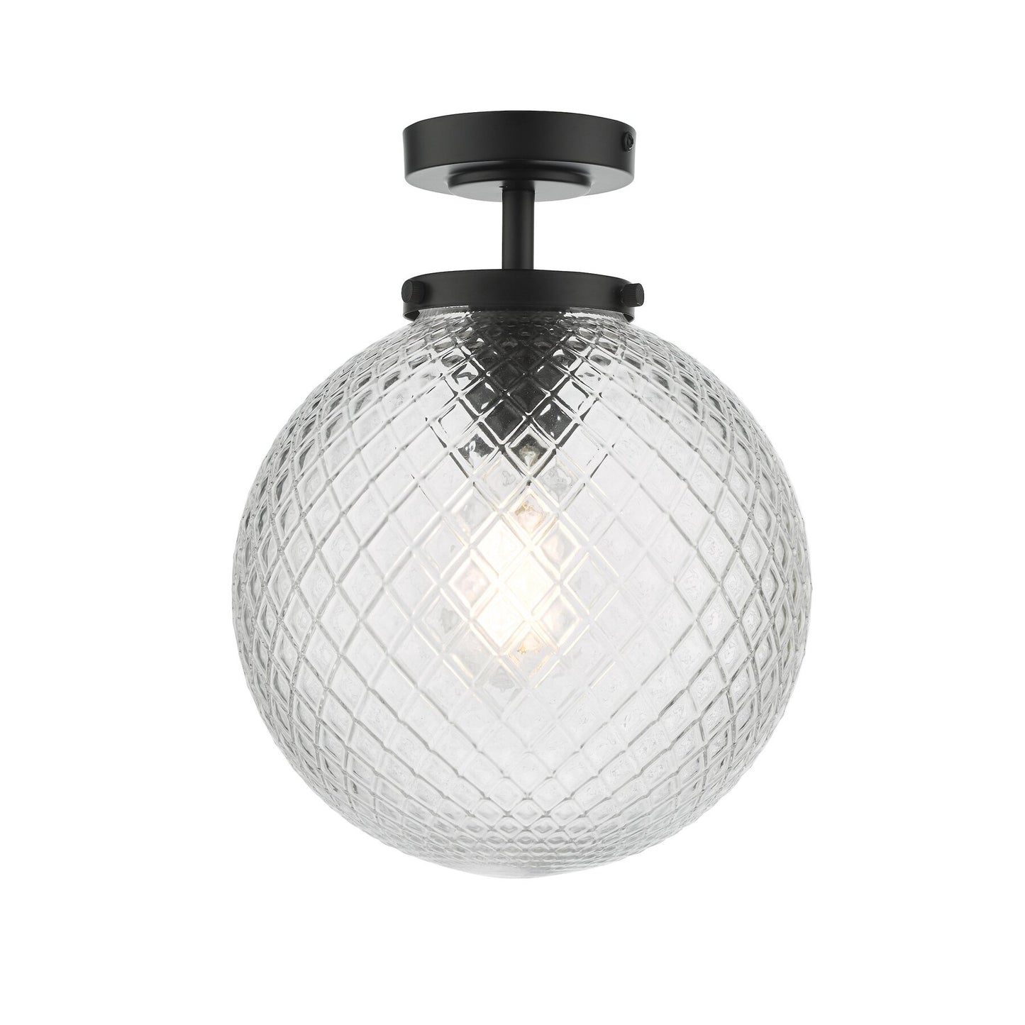 Dar Lighting Wayne Bathroom IP44 Matt Black & Textured Glass Semi Flush