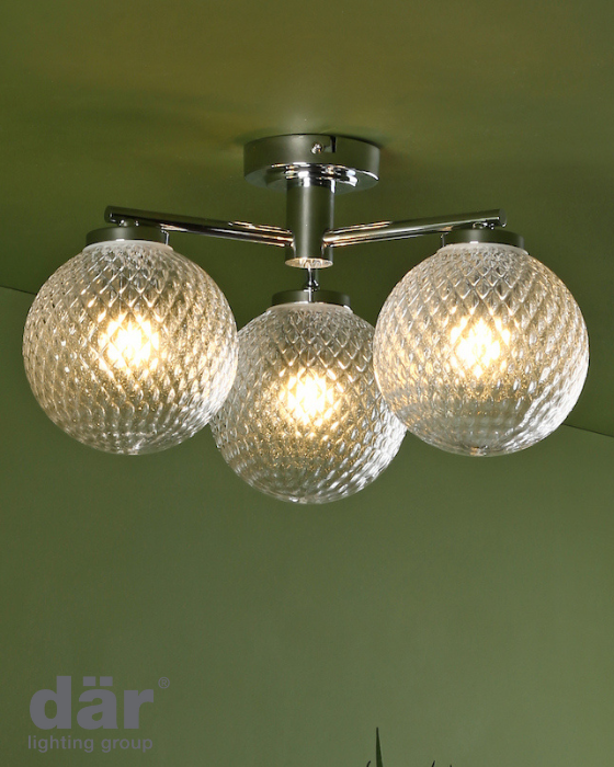 Dar Lighting Wayne Bathroom IP44 3 Light Polished Chrome & Glass Semi Flush