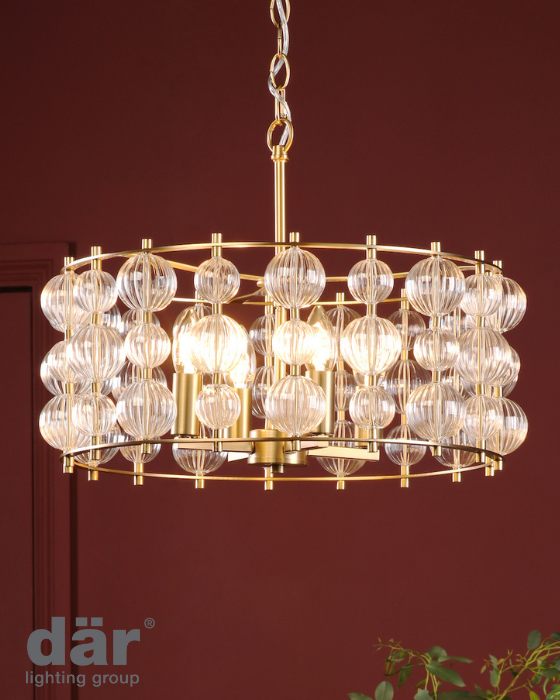 Dar Lighting Yuridia 4 Light Satin Gold & Ribbed Glass Pendant