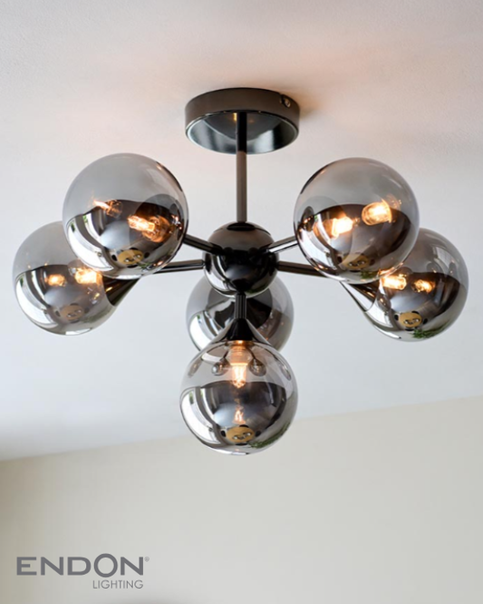 Endon Oscar 6 Light Black Chrome & Smoked Glass Semi Flush