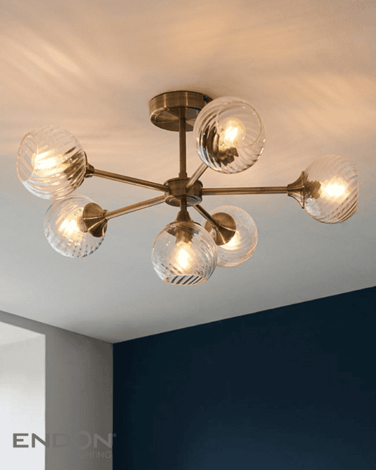 Endon Allegra 6 Light Antique Brass & Spiral Pattern Glass Semi Flush