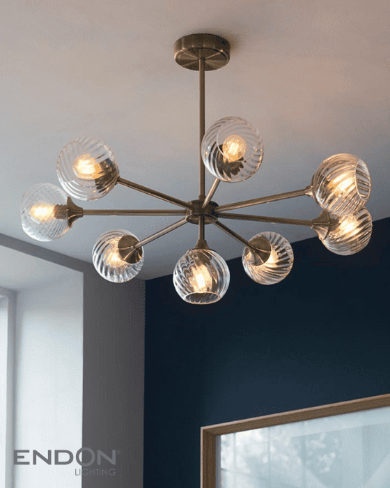Endon Allegra Antique Brass & Spiral Pattern Glass 8 Light Pendant
