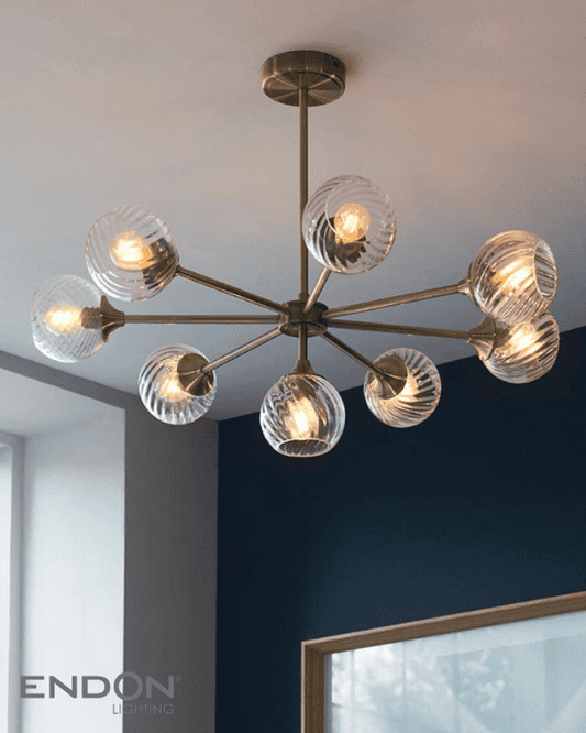 Endon Allegra Antique Brass & Spiral Pattern Glass 8 Light Pendant