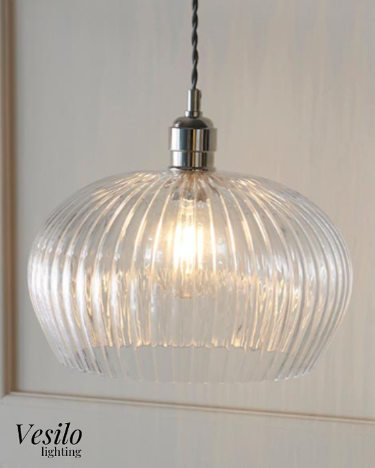 Vesilo Lighting Furrow Medium Ribbed Clear Glass & Bright Nickel Pendant