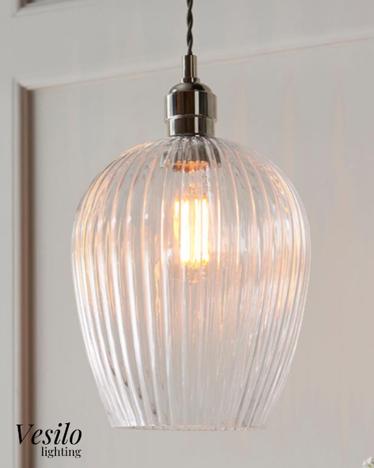 Vesilo Lighting Furrow Ribbed Clear Glass & Bright Nickel Pendant