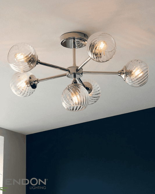 Endon Allegra 6 Light Nickel & Spiral Pattern Glass Semi Flush