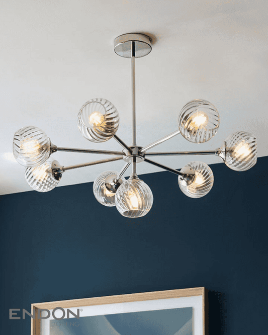 Endon Allegra 8 Light Bright Nickel & Spiral Pattern Glass Pendant