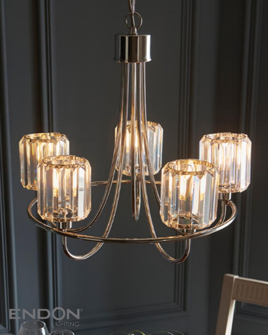 Endon Berenice 5 Light Bright Nickel & Faceted Glass Pendant