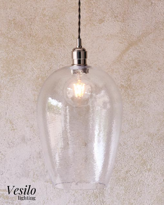 Vesilo Lighting Furrow Large Clear Hammered Glass & Bright Nickel Pendant