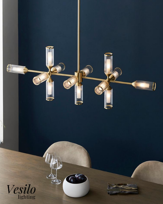 Vesilo Lighting Flute 13 Light Ribbed Frosted Glass & Satin Brass Linear Pendant