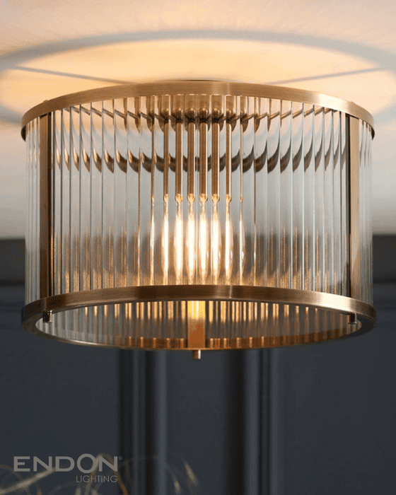 Endon Ridgeton Antique Brass & Ribbed Glass Flush